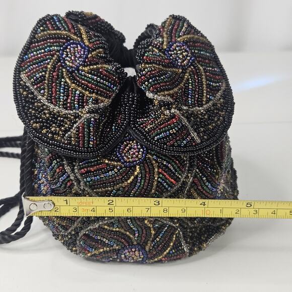 Vintage Black Beaded Floral Cinched Bag Flapper Evening Purse - Picture 10 of 10